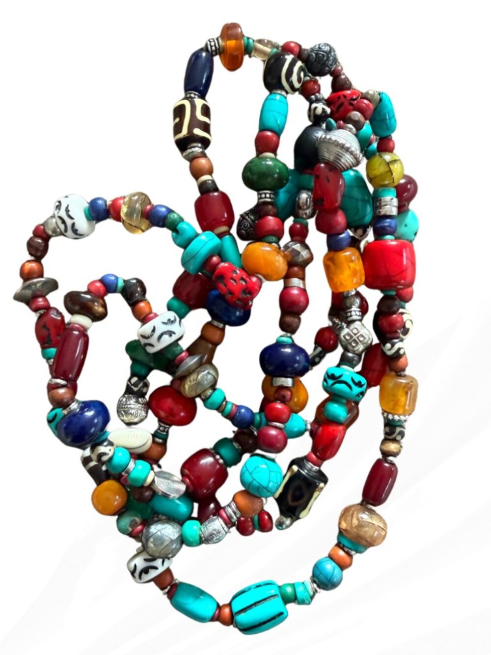 Long 70" Boho Mixed Bead Necklace Turquoise Coral Lapis Silver Tibetan Style